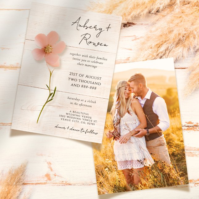 Rustic Wood Pressed Wildflower Boho Photo Wedding Invitation (Creator Uploaded)