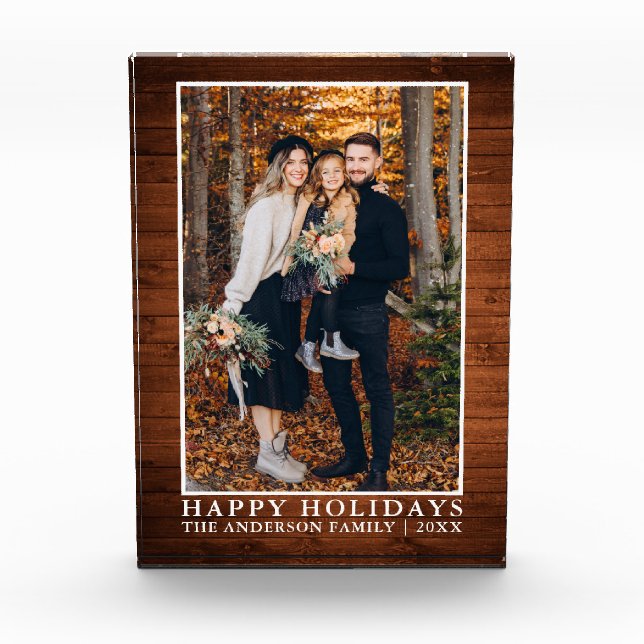 Rustic Wood Print Happy Holidays Photo Block (Front)