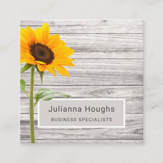 Rustic Wood Print Sunflower Square Business Card (Front)