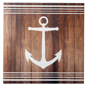 Rustic Wood Print & White Nautical Anchor Tile