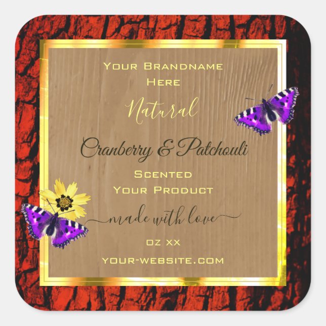 Rustic Wood Product Labels Purple Butterflies Gold (Front)
