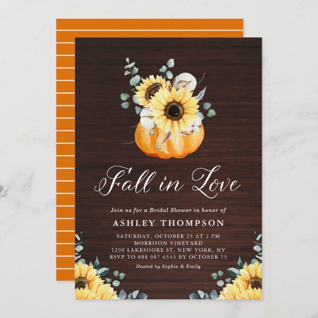 Rustic Wood Pumpkin and Sunflowers Bridal Shower Invitation (Front/Back)