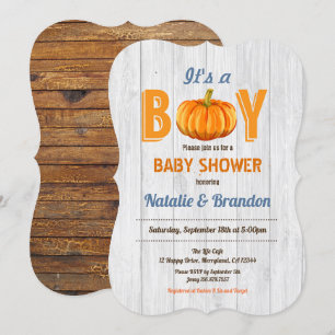 Rustic wood pumpkin baby boy shower invitation