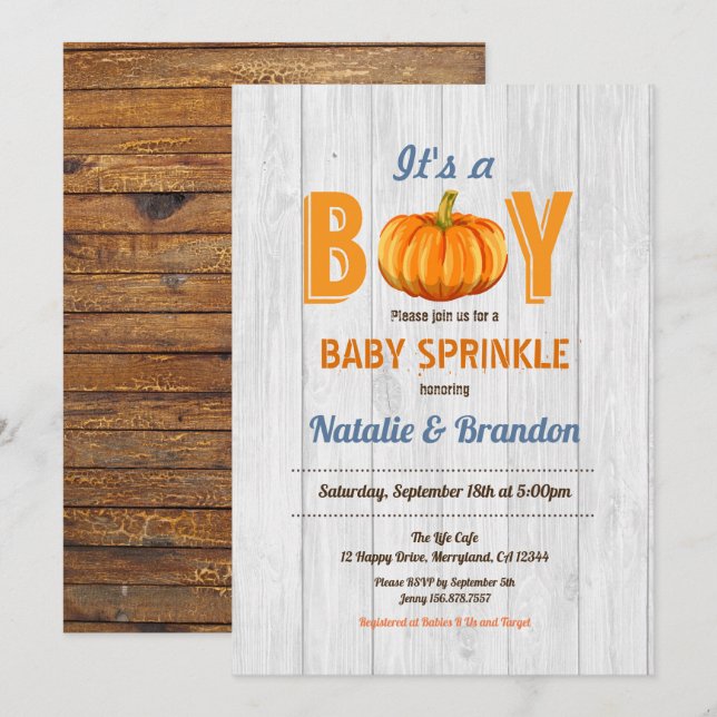 Rustic wood pumpkin baby boy sprinkle invitation (Front/Back)