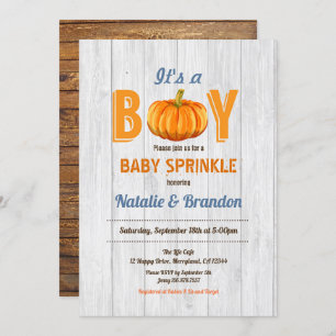 Rustic wood pumpkin baby boy sprinkle invitation