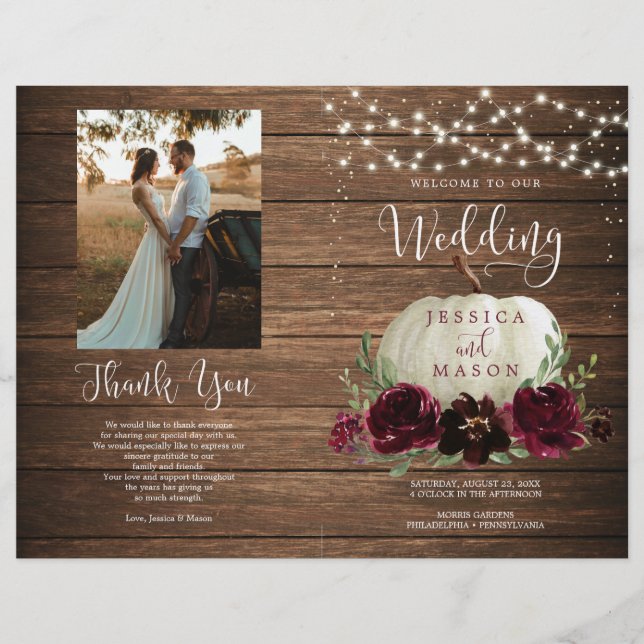 Rustic Wood Pumpkin Folded Wedding Program Flyer (Front)