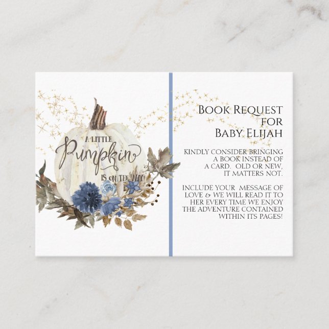 Rustic Wood Pumpkin Navy Blue Floral Book Request Business Card (Front)