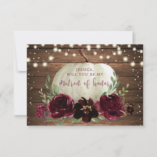 Rustic Wood Pumpkin Will You Be My Matron of Honou Thank You Card (Front)