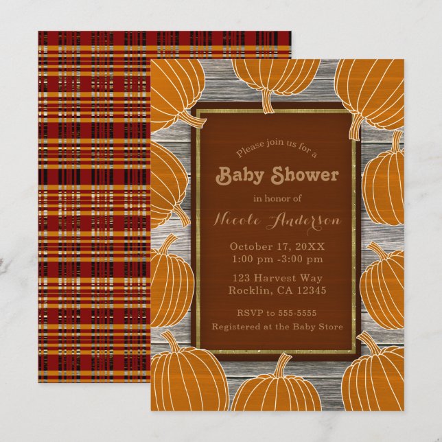 Rustic Wood & Pumpkins Fall Baby Shower Party Invitation (Front/Back)