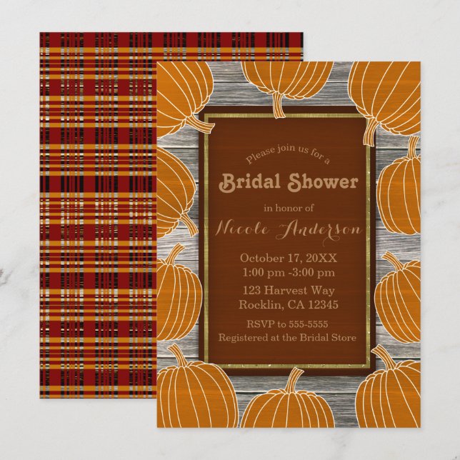 Rustic Wood & Pumpkins Fall Bridal Shower Party Invitation (Front/Back)