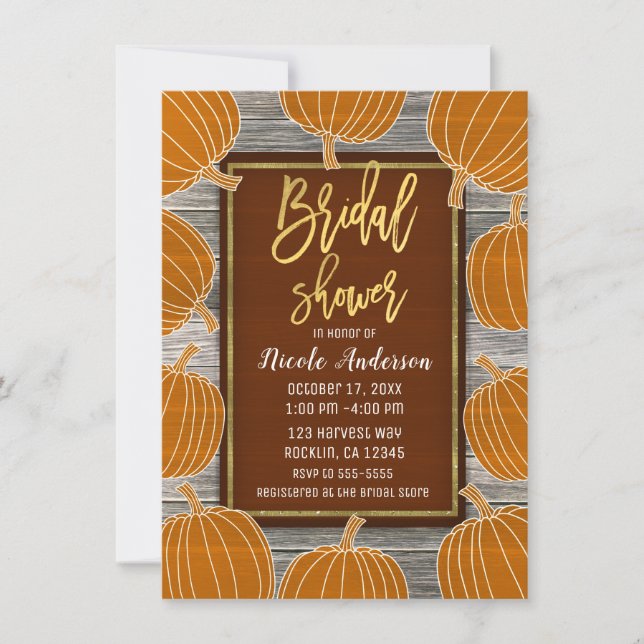 Rustic Wood Pumpkins Fall Gold Foil Bridal Shower Invitation (Front)