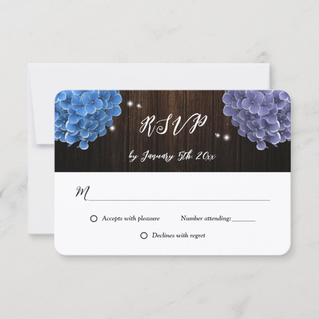 Rustic Wood Purple and Blue Floral Wedding RSVP Card (Front)