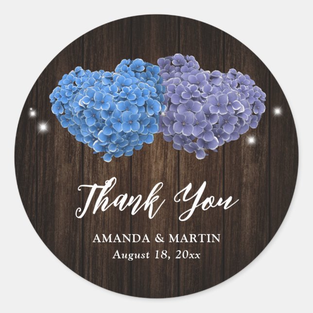 Rustic Wood Purple Blue Floral Wedding Thank You Classic Round Sticker (Front)