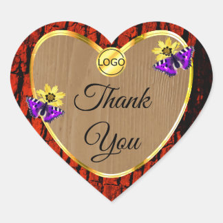 Rustic Wood Purple Butterflies Cute Thank You Logo Heart Sticker