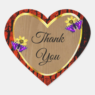 Rustic Wood Purple Butterflies Gold Cute Thank You Heart Sticker