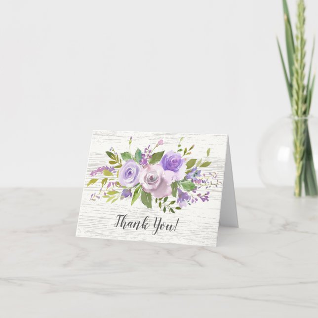 rustic Wood Purple Floral Bridal Shower Thank You Card (Front)