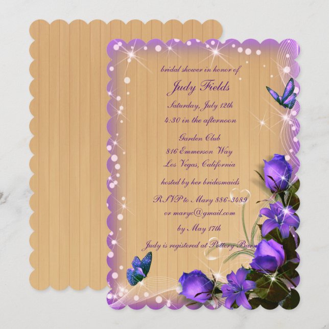 Rustic Wood Purple Floral Butterfly Bridal Shower Invitation (Front/Back)