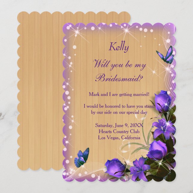 Rustic Wood Purple Floral Butterfly Bridesmaid Invitation (Front/Back)