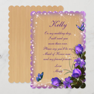 Rustic Wood Purple Floral Butterfly Maid Of Honour Invitation