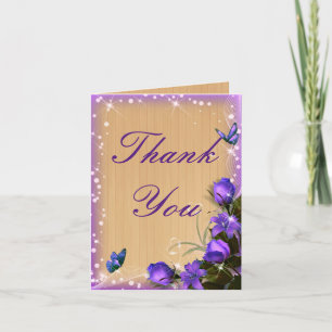 Rustic Wood Purple Floral Butterfly Thank You Card