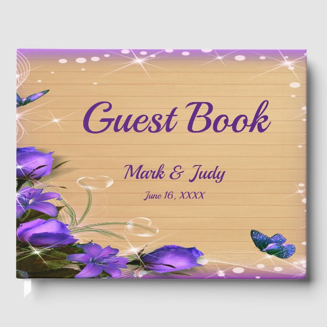Rustic Wood Purple Floral Butterfly Wedding Guest Book (Front)