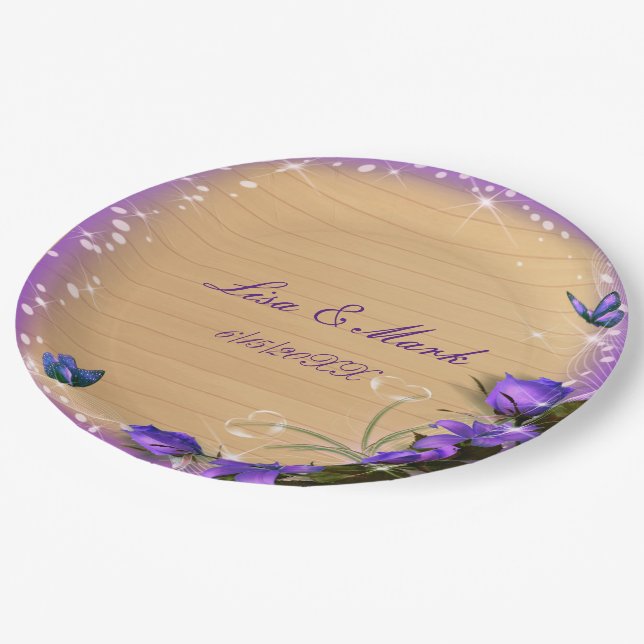 Rustic Wood Purple Floral Butterfly Wedding Paper Plate (Angled)