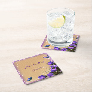 Rustic Wood Purple Floral Butterfly Wedding Square Paper Coaster