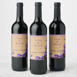 Rustic Wood Purple Floral Butterfly Wedding Wine Label