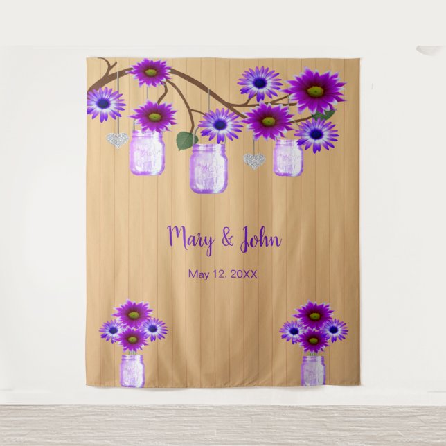 Rustic Wood Purple Floral Mason Jar Photo Backdrop Tapestry (Front)