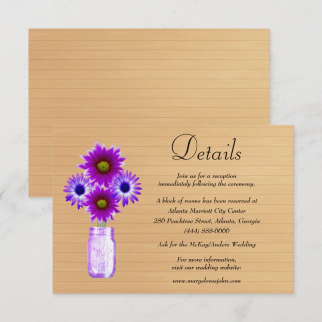 Rustic Wood Purple Floral Mason Jar Wedding Detail Enclosure Card (Front/Back)