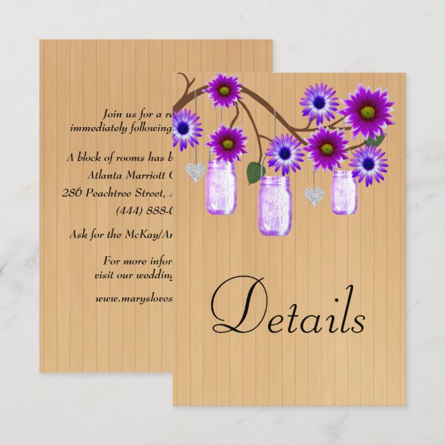 Rustic Wood Purple Floral Mason Jars Details Enclosure Card (Front/Back)