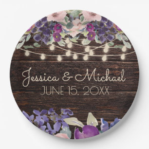 Rustic Wood Purple Floral String Lights Wedding Paper Plate