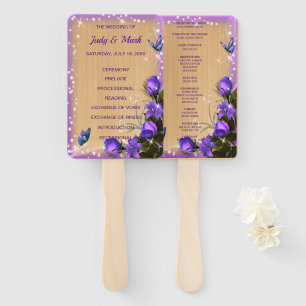 Rustic Wood Purple Floral Wedding Program Hand Fan