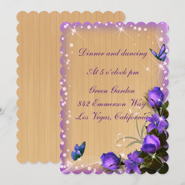 Rustic Wood Purple Floral Wedding Reception Invitation (Front/Back)