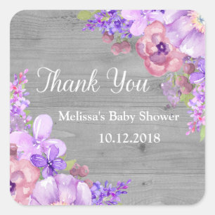 Rustic Wood Purple Flowers Baby Shower Thank You Square Sticker