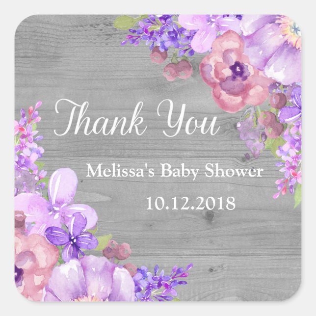 Rustic Wood Purple Flowers Baby Shower Thank You Square Sticker (Front)