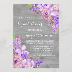 Rustic Wood Purple Flowers Bridal Shower Invitation