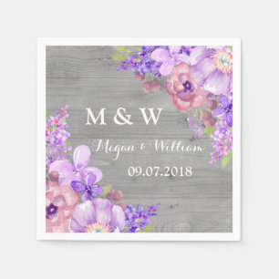 Rustic Wood Purple Flowers Wedding Monogram Napkin