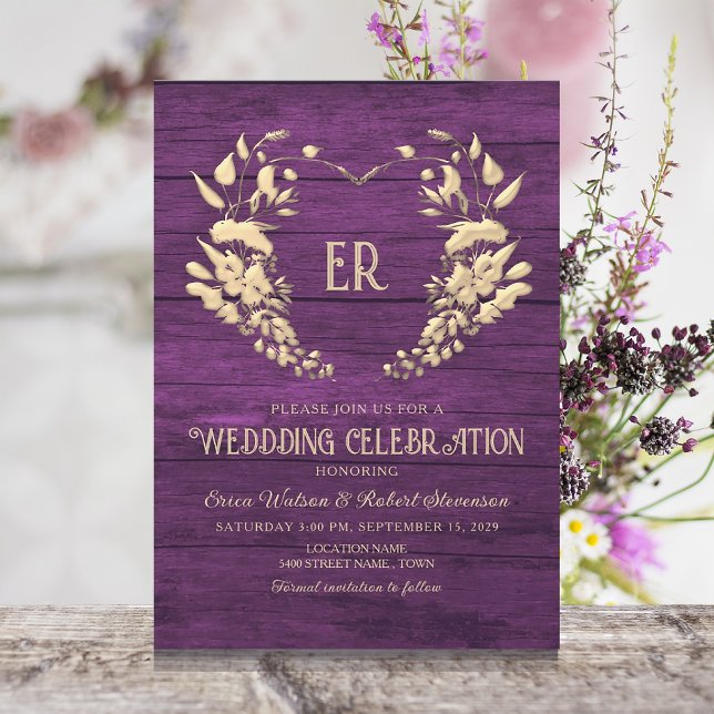 Rustic Wood Purple Monogram Wedding Invitation (Creator Uploaded)