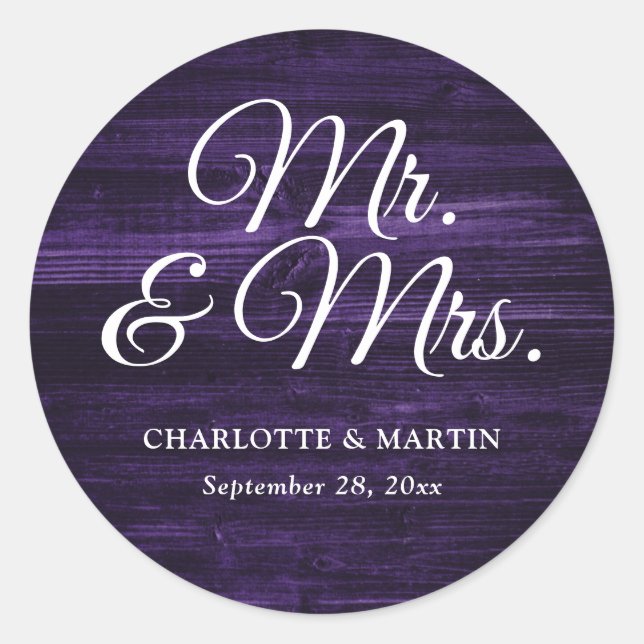 Rustic Wood Purple Mr and Mrs Wedding Classic Round Sticker (Front)