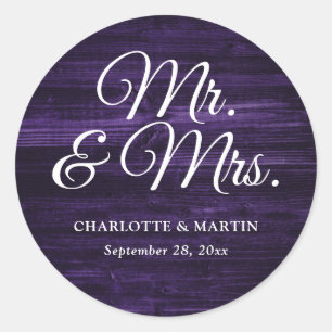 Rustic Wood Purple Mr and Mrs Wedding Classic Round Sticker