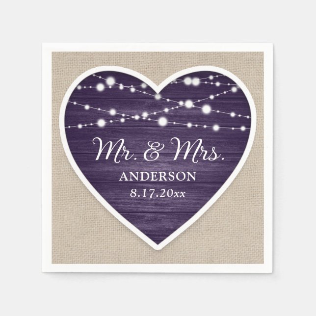 Rustic Wood Purple Mr and Mrs Wedding Napkin (Front)