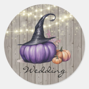 Rustic Wood Purple Pumpkin Wedding Classic Round Sticker