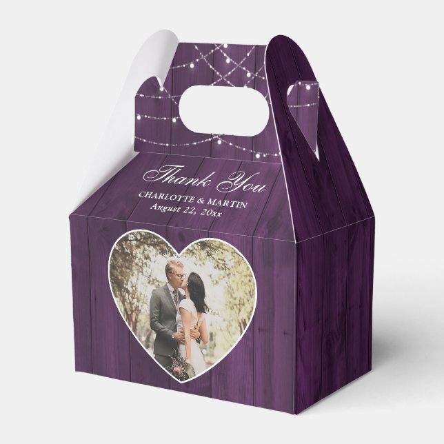 Rustic Wood Purple Wedding Photo Favour Box (Front Side)