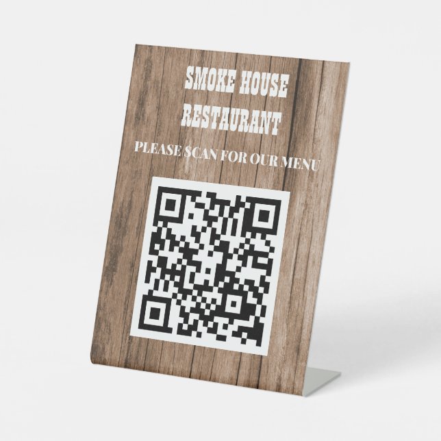 Rustic Wood QR Code Menu Pedestal Sign (Front)