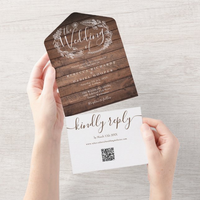 Rustic Wood QR Code Monogram Floral Wedding All In One Invitation (Tearaway)