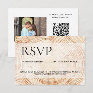 Rustic Wood QR Code Online Custom photo Wedding RSVP Card