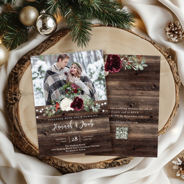 Rustic Wood QR Code Photo Christmas Wedding Invitation (Creator Uploaded)