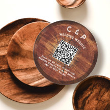 Rustic Wood QR Code Wedding Custom Monogram Round