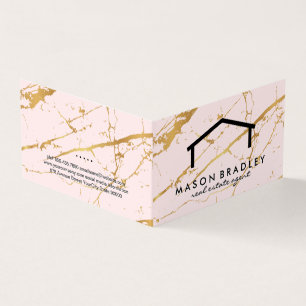 Rustic Wood / Real Estate   Pink Gold Marble Business Card